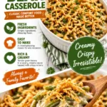 Delicious green bean casserole topped with crispy onions in a baking dish.