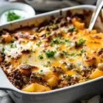 Cheesy Hamburger Potato Casserole topped with melted cheese and fresh herbs