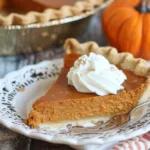 Slice of homemade pumpkin pie on a plate with whipped cream