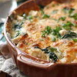 Delicious easy chicken and spinach casserole fresh out of the oven