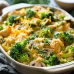 Healthy broccoli chicken casserole with creamy cheddar mushroom sauce