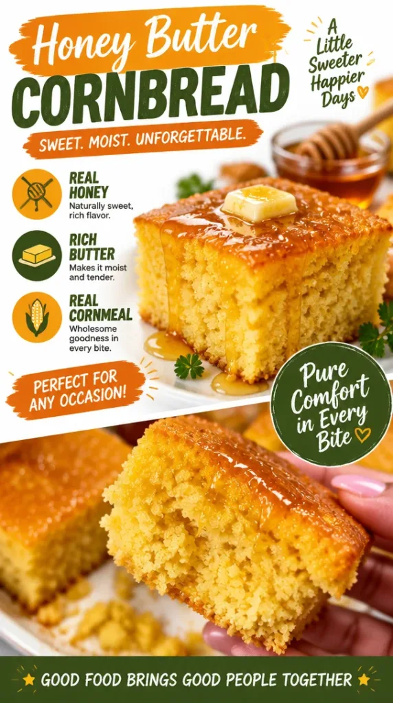 Delicious Honey Butter Cornbread served warm with a drizzle of honey