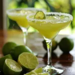 Italian Limoncello Margaritas served in a cocktail glass with fresh lemons and lime.