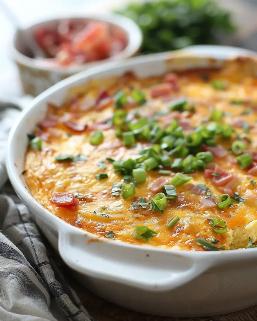 Loaded baked egg casserole topped with cheese and vegetables