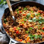 Delicious One Pot Cheesy Cajun Beef Rice with beef, rice, and peppers cooked together.